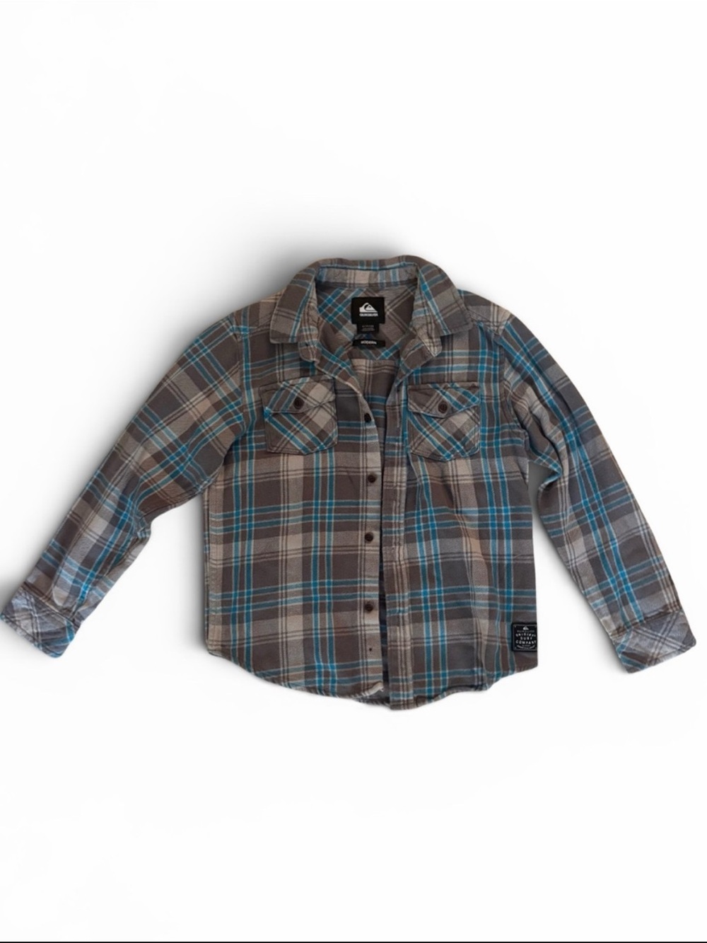 EUC Quiksilver Gray Blue Plaid Button Up Shirt Boys Small Skate Casual